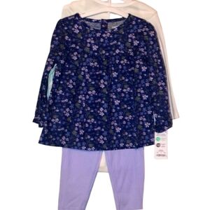 Carter's 3pc Floral Blue Tunic, Lavender Leggings, White Onesie with Floral Trim